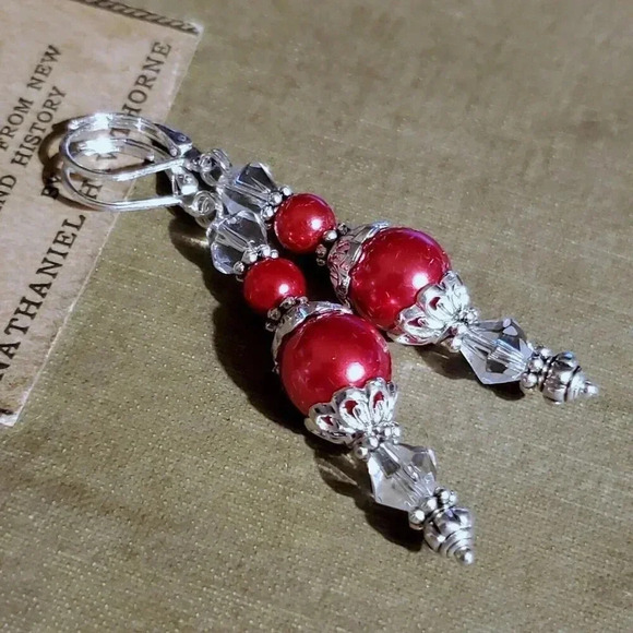 Red Glass Pearl Sterling Silver Plated Handcrafted Dangle Earrings - Picture 2 of 11